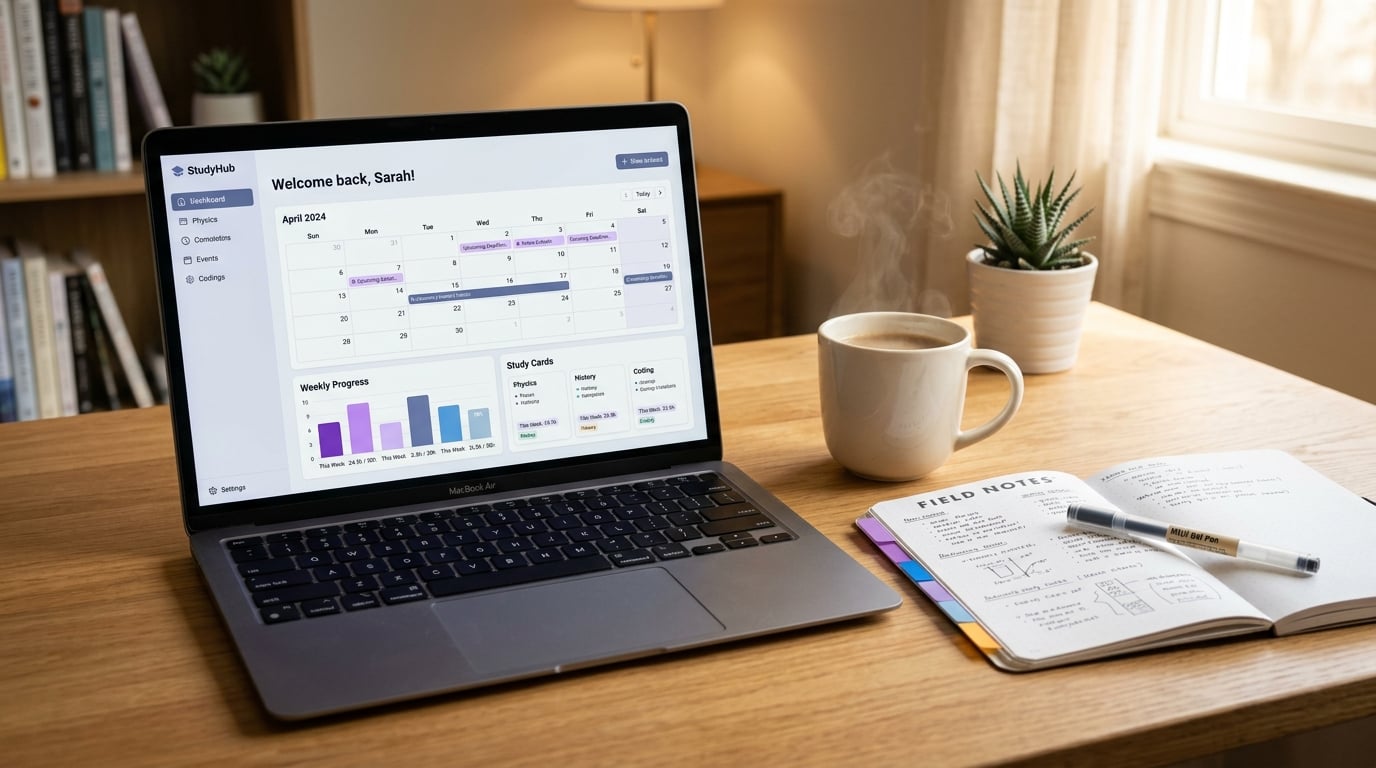 DJL REVIEWS study dashboard showing quiz progress, performance analytics, and personalized NP board study plan