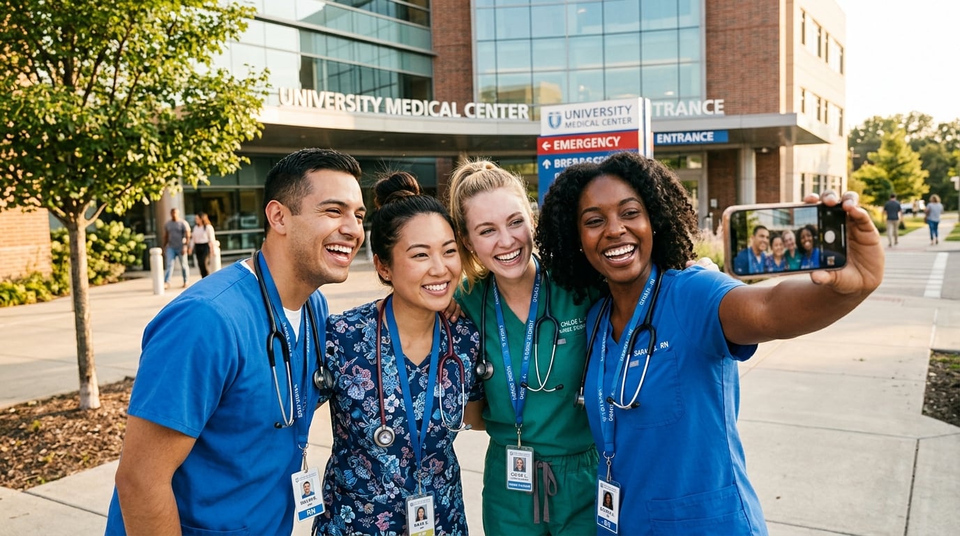 Smiling nurse practitioner students celebrating together after passing their NP board certification exams